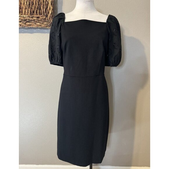 Ann Taylor Dress 14 Black Eyelet Short Sleeve Ponte Career Church NWT Washable - Picture 12 of 12